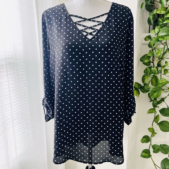 Maurices Black & White Polka Dot Chiffon Roll Tab Sleeve Lightweight Blouse XL - Picture 1 of 8